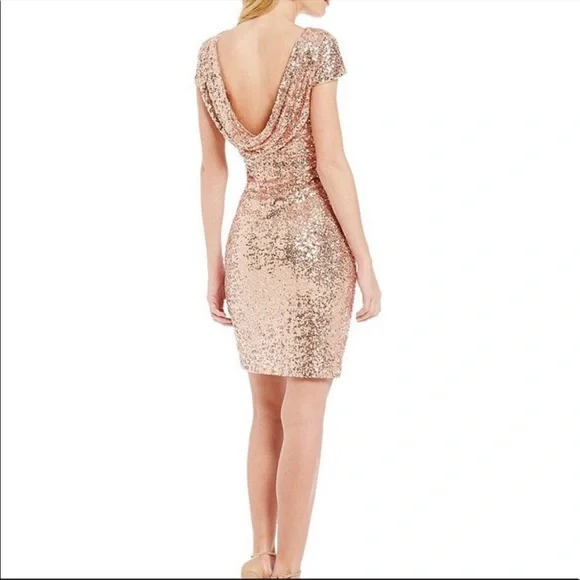 Badgley Mischka | Dresses | Belle Badgley Mischka Rose Gold Sequin Back  Drape Cocktail Dress | Poshmark